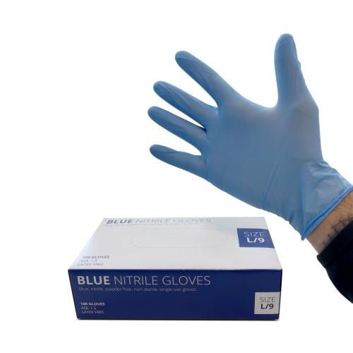 A box of blue Nitrile gloves with a hand in front of it which is wearing the glove